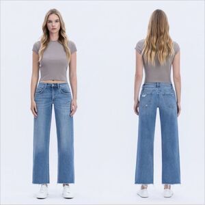 Vervet Dad Jean Size 28 High Rise Ankle Wide Leg Stretch Medium Wash Raw Hem